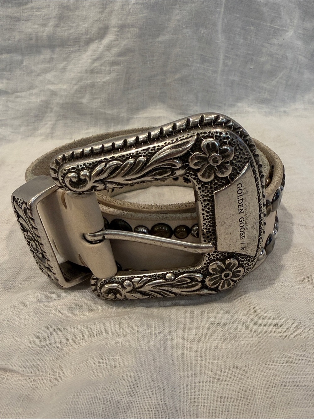 Golden Goose Silver-Embellished Floral Western Belt - Light Beige size 70